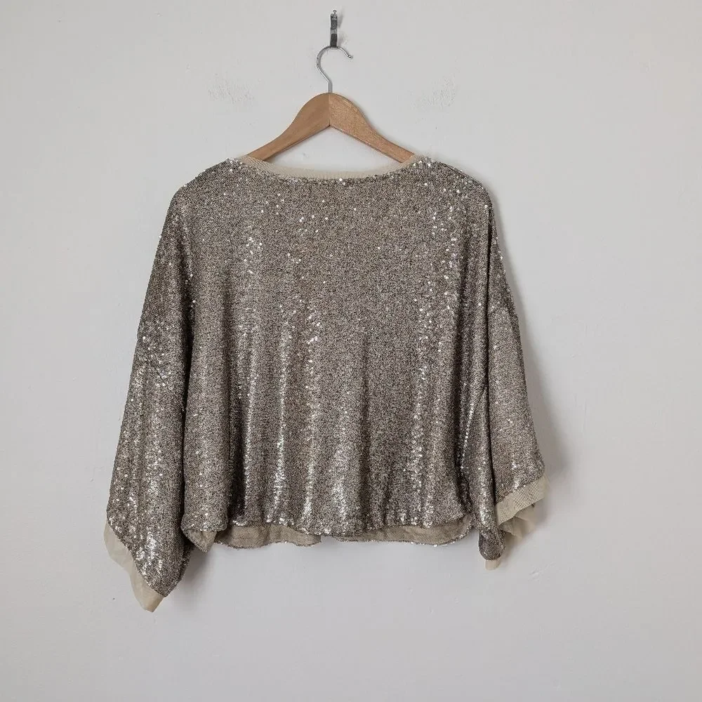 Free People gold nude sequin Champagne Dreams boxy oversized short sleeve top
